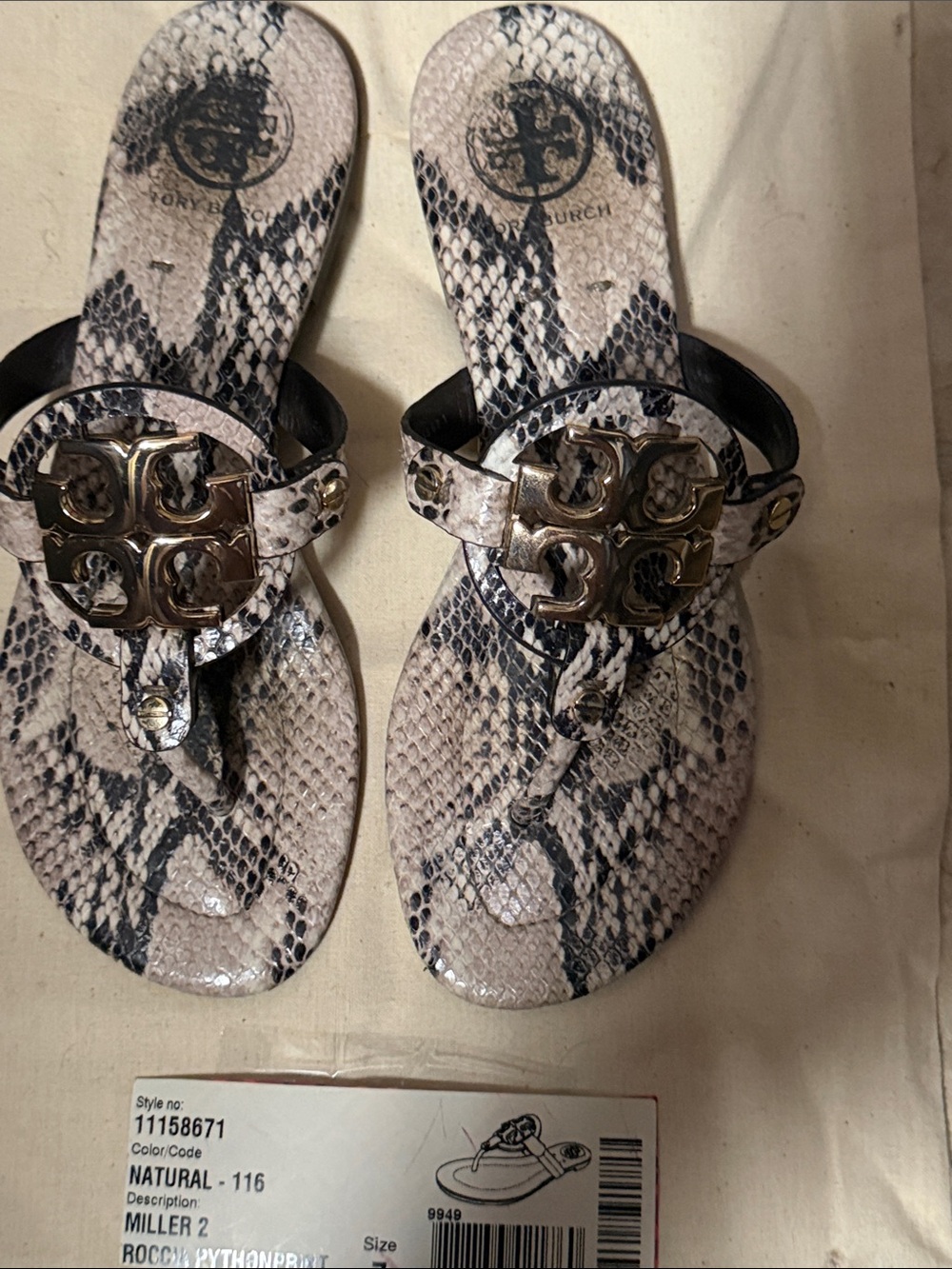 Tory Burch Python-Print Logo Thong Sandals in Natural